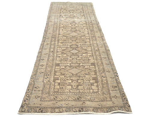 11 Ft Vintage Brown Persian Style Hand Knotted Low Pile Wool Runner Rug